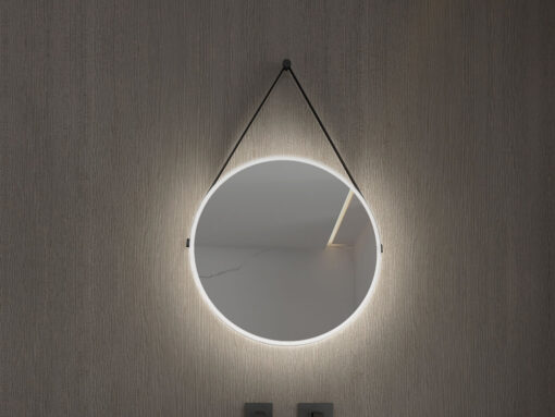 Καθρέπτης μπάνιου με φωτισμό LED Hung Φ45 cm. Περιμετρικό ακρυλικό πλαίσιο με μαύρο ιμάντα κρέμασης και επιτοίχια βάση στήριξης.