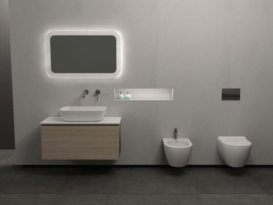 Έπιπλο μπάνιου Sky W 100 με πορσελάνινο νιπτήρα 100 x 45 cm. Υλικό κατασκευής υδατοαπωθητικό MDF με PVC πάχους 1,5 mm.14 Αποχρώσεις Ξύλου.