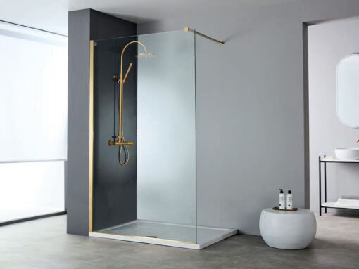 Διαχωριστικό ντουζιέρας με Διαφανές κρύσταλλο ασφαλείας Iwis CL Gold Brushed 140 x 200 cm. Προσαρμόζεται σε χτιστές η έτοιμες ντουζιέρες.