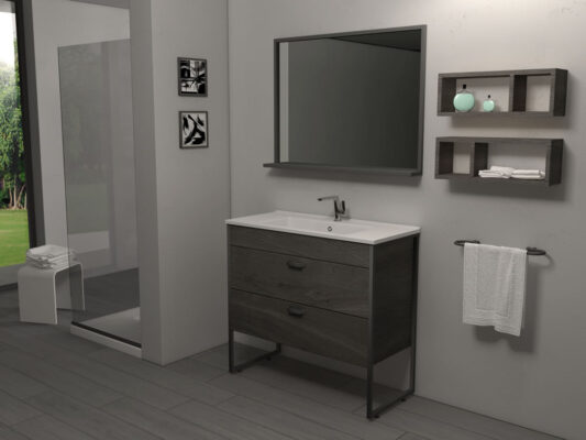 Έπιπλο μπάνιου Karol W-100 με μεταλλική βάση 100 x 45 cm. Κατασκευή από Υδατοαπωθητικό MDF με επικάλυψη PVC πάχους 1,5 mm.14 Αποχρώσεις Ξύλου.