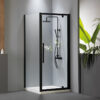 Ορθογώνια καμπίνα ντουζιέρας με Διαφανές κρύσταλλο ασφαλείας Flow Pivot Corner CL Black Matt 90 x 80 cm με είσοδο από την Εμπρόσθια πλευρά . Συνολικό ύψος καμπίνας 195 cm.