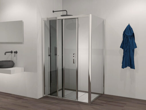Ορθογώνια καμπίνα ντουζιέρας με Διαφανές κρύσταλλο ασφαλείας Plaza Triple Slider Corner CL Chrome 120 x 70 cm με είσοδο από την Εμπρόσθια πλευρά.