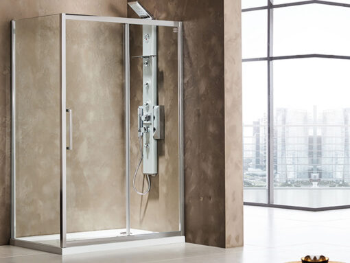Ορθογώνια καμπίνα ντουζιέρας με Διαφανές κρύσταλλο ασφαλείας Primus CL Slider Corner 1+1 Chrome 150 x 80 cm με είσοδο από την Εμπρόσθια πλευρά.