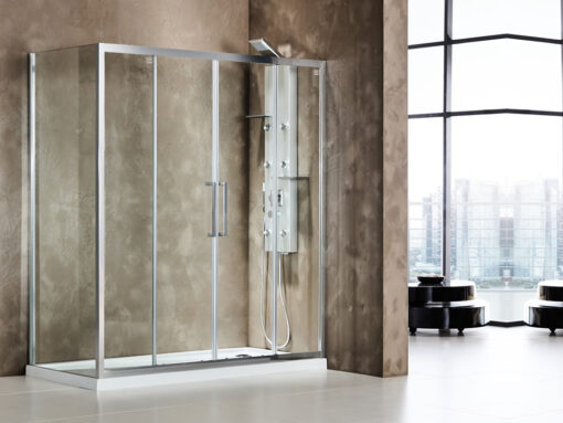 Ορθογώνια καμπίνα ντουζιέρας με Διαφανές κρύσταλλο ασφαλείας Primus CL Slider Corner 2+2 Chrome 200 x 90 cm με είσοδο από την Εμπρόσθια πλευρά.