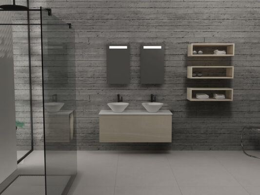 Έπιπλο μπάνιου Sky W 120 με πορσελάνινο νιπτήρα φ 42 cm. Υλικό κατασκευής υδατοαπωθητικό MDF με PVC πάχους 1,5 mm.14 Αποχρώσεις Ξύλου.