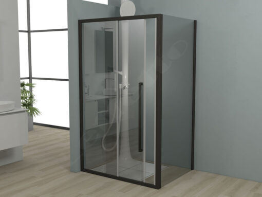Ορθογώνια καμπίνα ντουζιέρας με Διαφανές κρύσταλλο ασφαλείας Noxx CL Slider Corner 1+1 Black Brushed 140 x 80 cm με είσοδο από την Εμπρόσθια πλευρά.