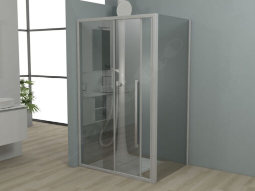 Ορθογώνια καμπίνα ντουζιέρας με Διαφανές κρύσταλλο ασφαλείας Noxx CL Slider Corner 1+1 Inox Brushed 160 x 80 cm με είσοδο από την Εμπρόσθια πλευρά.