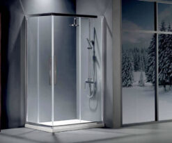 Ορθογώνια καμπίνα ντουζιέρας με Διαφανές κρύσταλλο ασφαλείας Flow-CL 100 x 90 cm με είσοδο από την γωνία. Συνολικό ύψος καμπίνας 195 cm.