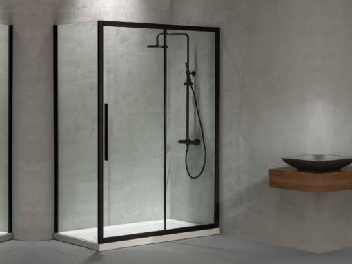 Ορθογώνια καμπίνα ντουζιέρας με Διαφανές κρύσταλλο ασφαλείας Flow CL Slider Corner 1+1 Black Matt 130 x 80 cm με είσοδο από την Εμπρόσθια πλευρά.