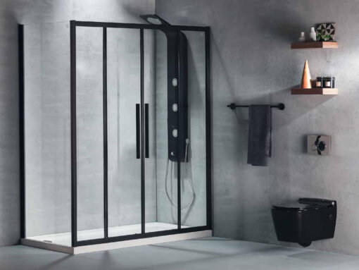 Ορθογώνια καμπίνα ντουζιέρας με Διαφανές κρύσταλλο ασφαλείας Flow CL Slider Corner 2+2 Black Matt 170 x 80 cm με είσοδο από την Εμπρόσθια πλευρά.