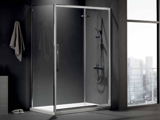 Ορθογώνια καμπίνα ντουζιέρας με Διαφανές κρύσταλλο ασφαλείας Flow CL Slider Corner 1+1 140 x 90 cm με είσοδο από την Εμπρόσθια πλευρά.