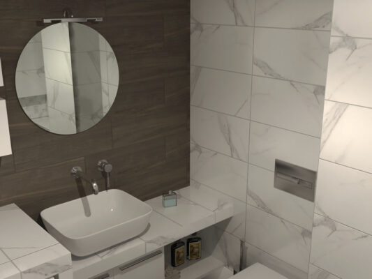 Πρόταση για ανακαίνιση μπάνιου σε αστική κατοικία η οποία βασίστηκε στην αρμονική συνύπαρξη διαφορετικών υλικών.