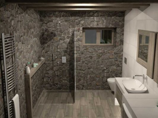 Μελέτη και απεικόνιση μίας λύσης για την κατασκευή μπάνιου σε πετρόκτιστη κατοικία στην Αράχωβα. - Leffetto Creative Services