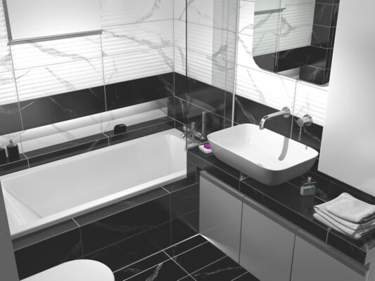 Μία διαχρονική αρμονική αντίθεση στο μπάνιο με την χρήση των πλακιδίων από την συλλογή Carrara. Leffetto Creative Services