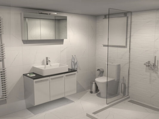 Φωτορεαλιστική απεικόνιση τρισδιάστατου σχεδιασμού, που αφορά την ανακαίνιση μπάνιου σε κατοικία στην Θεσσαλονίκη.