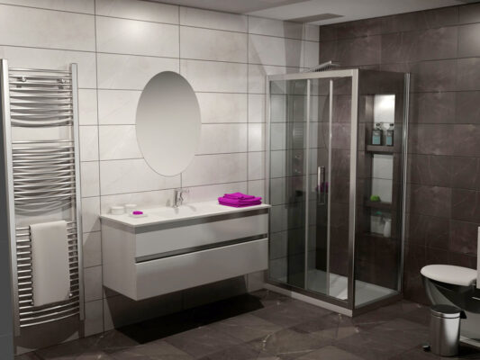 Σχεδιασμός και φωτορεαλιστική απόδοση για την κατασκευή μπάνου, σε αποχρώσεις του ανοικτού και σκούρου γκρι.