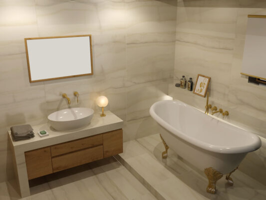 Τα σχέδια καθώς και η Φωτορεαλιστική απεικόνιση αφορούν στην κατασκευή ενός μπάνιου σε μονοκατοικία στην περιαστική περιοχή της Θεσσαλονίκης.