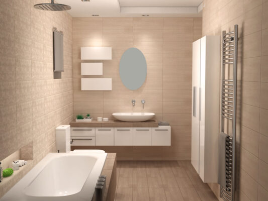 Ο σχεδιασμός καθώς και η φωτορεαλιστική απεικόνιση αφορούν στην κατασκευή ενός μπάνιου σε νεόδμητη μονοκατοικία στην περιοχή της Βέροιας.