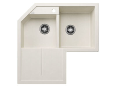 Γωνιακός Νεροχύτης Κουζίνας Blanco Metra 9E 83 x 83 cm σε απόχρωση Soft White. Κατασκευή από υλικό Silgranit Puradur με αντοχή στα χτυπήματα.