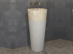 Επδαπέδιος πέτρινος νιπτήρας μπάνιου Bora Cream 40 x 40 cm. Κατασκευή από φυσικό πέτρωμα με μοναδικότητα σχεδίων σε κάθε μοντέλο.