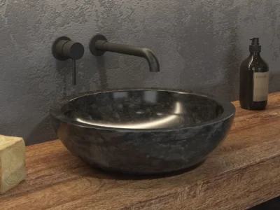 Επιτραπέζιος πέτρινος νιπτήρας μπάνιου Elena Nero 40x40 cm. Κατασκευή από φυσικό πέτρωμα με μοναδικότητα σχεδίων σε κάθε μοντέλο.