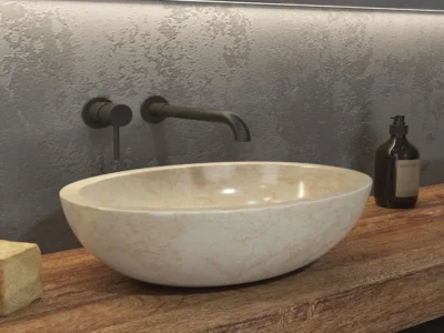 Επιτραπέζιος πέτρινος νιπτήρας μπάνιου Leonor Sop Cream 45x35 cm. Κατασκευή από φυσικό πέτρωμα με μοναδικότητα σχεδίων σε κάθε μοντέλο.