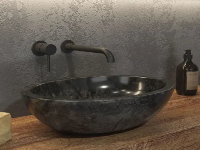 Επιτραπέζιος πέτρινος νιπτήρας μπάνιου Leonor Sop Nero 45x35 cm. Κατασκευή από φυσικό πέτρωμα με μοναδικότητα σχεδίων σε κάθε μοντέλο.