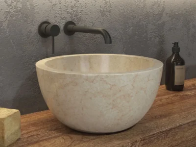 Επιτραπέζιος πέτρινος νιπτήρας μπάνιου Leyla Sbp Cream 40x40 cm. Κατασκευή από φυσικό πέτρωμα με μοναδικότητα σχεδίων σε κάθε μοντέλο.