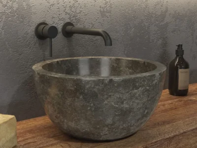 Επιτραπέζιος πέτρινος νιπτήρας μπάνιου Leyla Sbp Grey 40x40 cm. Κατασκευή από φυσικό πέτρωμα με μοναδικότητα σχεδίων σε κάθε μοντέλο.