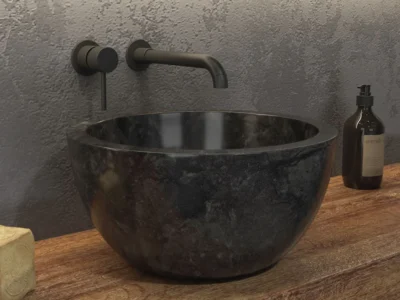 Επιτραπέζιος πέτρινος νιπτήρας μπάνιου Leyla Sbp Nero 40x40 cm. Κατασκευή από φυσικό πέτρωμα με μοναδικότητα σχεδίων σε κάθε μοντέλο.