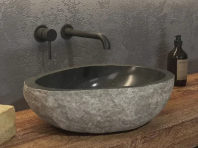 Επιτραπέζιος πέτρινος νιπτήρας μπάνιου River Stone Grey 40-45 cm. Κατασκευή από φυσικό πέτρωμα με μοναδικότητα σχεδίων και χρωμάτων σε κάθε μοντέλο.