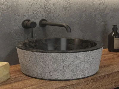 Επιτραπέζιος πέτρινος νιπτήρας μπάνιου Timur Lbp Nero 40x40 cm. Κατασκευή από φυσικό πέτρωμα με μοναδικότητα σχεδίων σε κάθε μοντέλο.