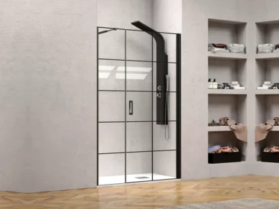 Καμπίνα ντουζιέρας από Τοίχο σε Τοίχο με Διαφανές Κρύσταλλο ασφαλείας Nero 5 DC 110 cm. Με 1 Ανοιγόμενη πόρτα και 1 Σταθερό φύλλο.