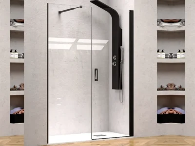Καμπίνα ντουζιέρας από Τοίχο σε Τοίχο με Διαφανές Κρύσταλλο ασφαλείας Nero 6 CL 160 cm. Με 1 Ανοιγόμενη πόρτα και 1 Σταθερό φύλλο.