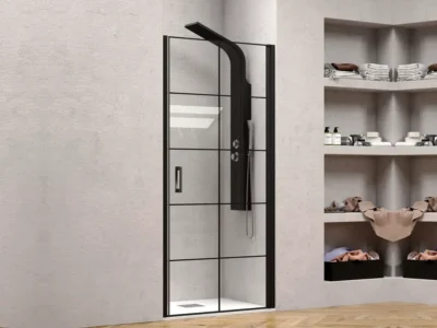Καμπίνα ντουζιέρας από Τοίχο σε Τοίχο με Διαφανές Κρύσταλλο ασφαλείας Nero Pivot DC 80 cm.
