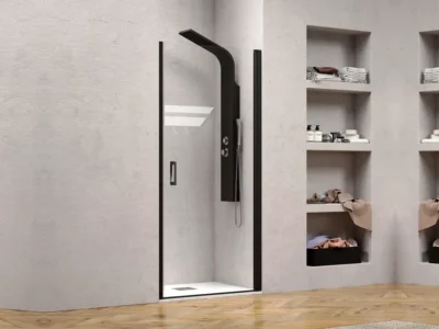 Καμπίνα ντουζιέρας από Τοίχο σε Τοίχο με Διαφανές Κρύσταλλο ασφαλείας Nero Pivot CL 75 cm. Με 1 Ανοιγόμενη πόρτα και ύψος 200 cm.