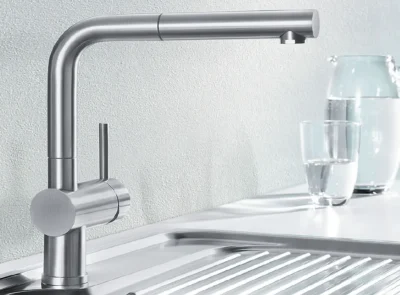 Μπαταρία Κουζίνας Blanco Linus-S με Αποσπώμενο Ντους και Σπιράλ. Υψηλός κορμός με περιστρεφόμενο ρουξούνι σε απόχρωση Inox PVD.