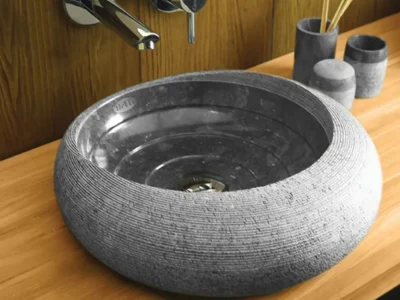 Επιτραπέζιος πέτρινος νιπτήρας μπάνιου Lava-1550 Black 45 x 45 cm.