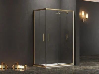 Ορθογώνια καμπίνα ντουζιέρας με Διαφανές κρύσταλλο ασφαλείας Efe 100 REC 100 x 70 cm Gold Matt με 2 Συρόμενες Πόρτες και 2 Σταθερά φύλλα.