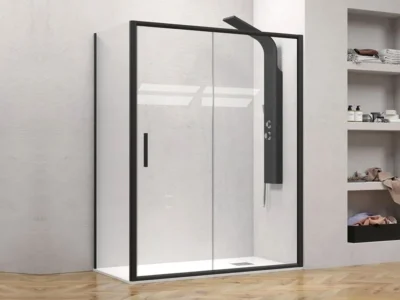 Ορθογώνια καμπίνα ντουζιέρας με Διαφανές κρύσταλλο ασφαλείας Efe 400 REC 110 x 80 cm Black Matt με 2 Συρόμενες Πόρτες και 2 Σταθερά φύλλα.
