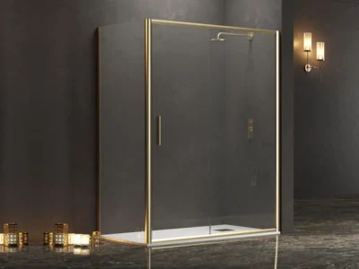 Ορθογώνια καμπίνα ντουζιέρας με Διαφανές κρύσταλλο ασφαλείας Efe 400 REC 130 x 90 cm Gold Matt με 1 Συρόμενη Πόρτα και 1 Σταθερό πλαινό φύλλο.