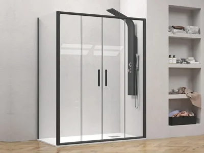 Ορθογώνια καμπίνα ντουζιέρας με Διαφανές κρύσταλλο ασφαλείας Efe 600 REC 170 x 90 cm Black Matt με 2 Συρόμενες Πόρτες και 1 Σταθερό πλαινό φύλλο.