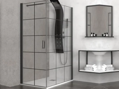 Ορθογώνια καμπίνα ντουζιέρας με Διαφανές κρύσταλλο ασφαλείας Pivot Frame LN 90 x 100 cm με είσοδο από την Εμπρόσθια πλευρά.