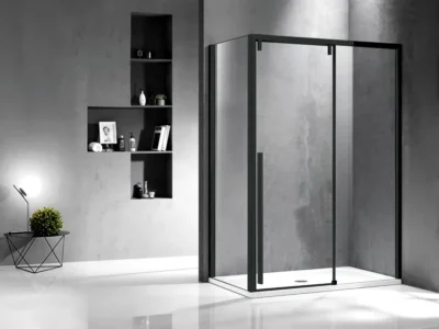 Ορθογώνια καμπίνα ντουζιέρας με Διαφανές κρύσταλλο ασφαλείας Santorini 500 REC 130 x 90 cm Black Matt με 1 Συρόμενη Πόρτα και 1 Σταθερό πλαινό.