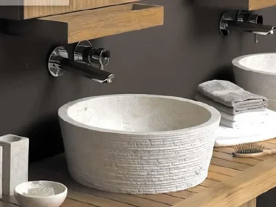 Επιτραπέζιος πέτρινος νιπτήρας μπάνιου Lava-1540 Beige 40 x 40 cm.