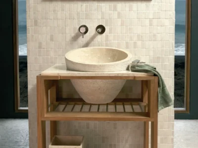 Επιτραπέζιος πέτρινος νιπτήρας μπάνιου Ratu Beige 52 x 52 cm.