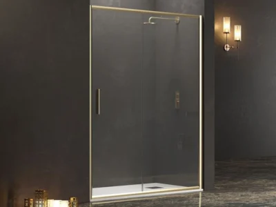 Καμπίνα ντουζιέρας από Τοίχο σε Τοίχο με Διαφανές Κρύσταλλο ασφαλείας Efe 400 CL Gold Matt 150 cm. Με 1 Συρόμενο και 1 Σταθερό φύλλο.