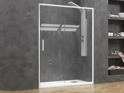 Καμπίνα ντουζιέρας από Τοίχο σε Τοίχο με Διαφανές Κρύσταλλο ασφαλείας Efe 400 CL White Matt 140 cm. Με 1 Συρόμενο και 1 Σταθερό φύλλο.