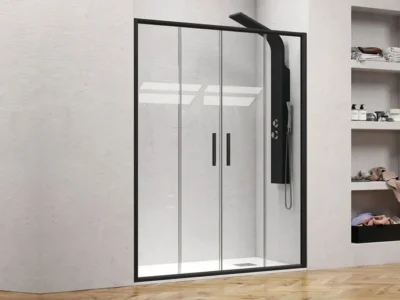 Καμπίνα ντουζιέρας από Τοίχο σε Τοίχο με Διαφανές Κρύσταλλο ασφαλείας Efe 600 CL Black Matt 200 cm. Με 2 Συρόμενα και 2 Σταθερά φύλλα.
