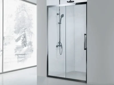 Καμπίνα ντουζιέρας από Τοίχο σε Τοίχο με Διαφανές Κρύσταλλο ασφαλείας Inox 400 CL 140 cm. Με 1 Συρόμενο και 1 Σταθερό φύλλο.